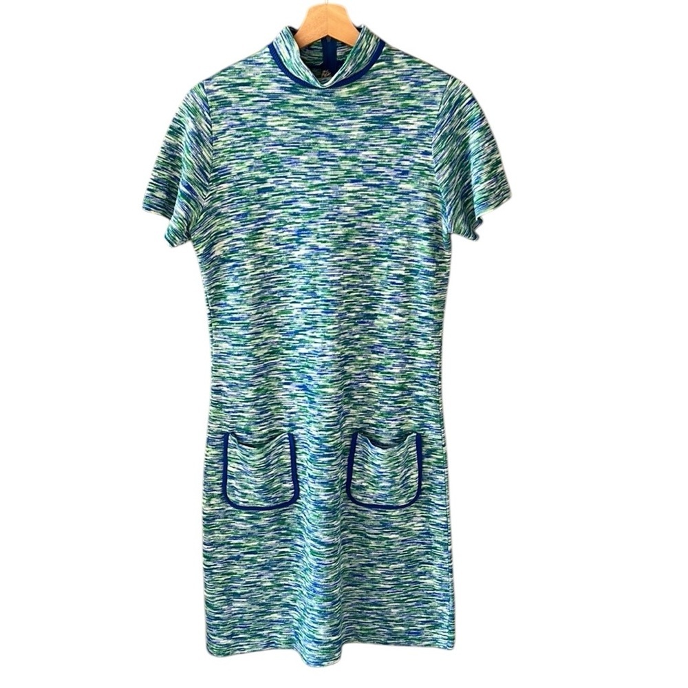 Fine Knits by Roger 70’s Vintage Sz M Space Dye Sheath Dress Mock Neck